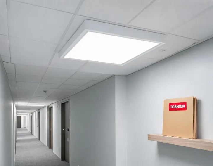 Commercial LED luminaire installed in office ceiling