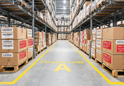 Warehouse aisle with boxed lighting fixtures