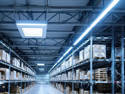 Linear LED tube fixture in warehouse